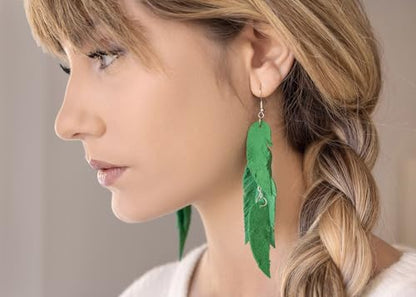 Leather Feather Earrings, Suede layered earrings, boho wedding jewelry, summer earrings, gift for her, dangle earrings - color: green
