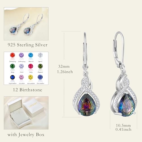 925 Sterling Silver Infinity Teardrop Earrings for Women | Lwsary Dangle Drop Leverback Earrings, Pear Shaped Birthstone Jewelry for Her - color: Rainbow