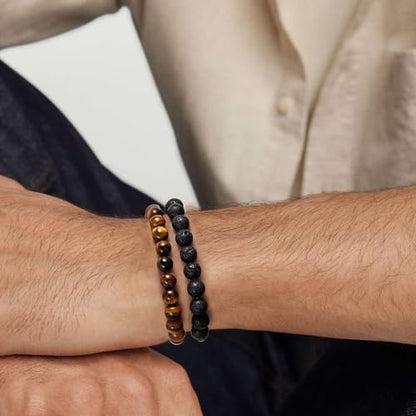 Mens Bead Bracelet Set - Adjustable Elastic Rope With 6&8MM Natural Stone Multi-Colored Beads - Tiger Eye Bracelets for Men - Gift - style: 2,Tiger eye,Lava beads