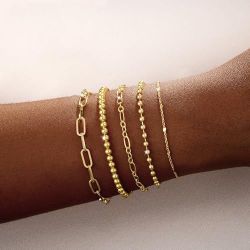 Dainty Bracelet for Women 14K Gold Plated Cross Pearl CZ Leaf Bracelets Set Gold Layering Bracelets Everyday Jewelry - color: 5 Layer Beaded Set -GD