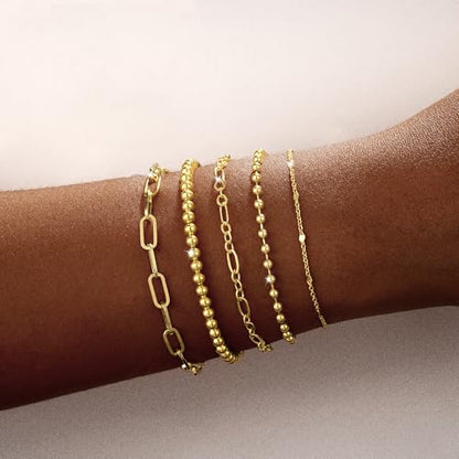 Dainty Bracelet for Women 14K Gold Plated Cross Pearl CZ Leaf Bracelets Set Gold Layering Bracelets Everyday Jewelry - color: 5 Layer Beaded Set -GD