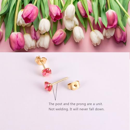 12 Pairs Surgical Stainless Steel Stud Earring Round Heart Star Square Cubic Zirconia Birthstone Stud Earrings Set for Women - color: Gold round 5mm