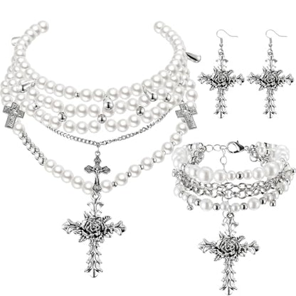Tondiamo 3 Pcs Gothic Jewelry Set Cross Necklace for Women Goth Earrings Bracelet Layered Y2k Choker Costume Accessory - color: Silver, style: Pearl Style