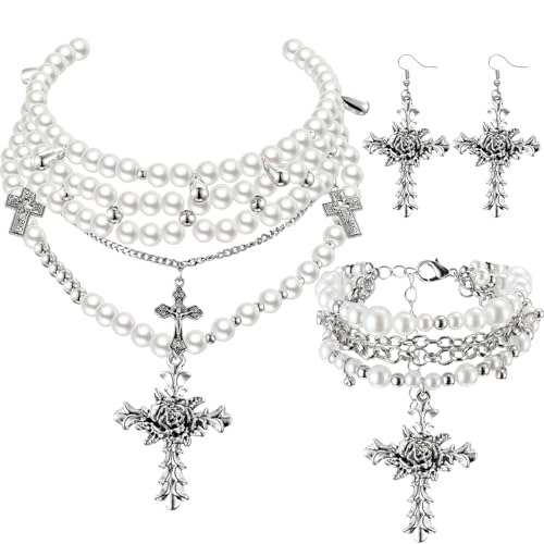 Tondiamo 3 Pcs Gothic Jewelry Set Cross Necklace for Women Goth Earrings Bracelet Layered Y2k Choker Costume Accessory - color: Silver, style: Pearl Style