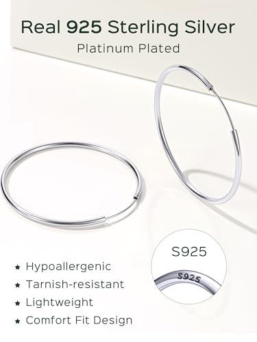 ChicSilver 925 Sterling Silver Hoop Earrings for Women Hypoallergenic, Lightweight Large Gold Plated Silver Hoop Earrings, Endless Hoops Earring 20/30/40/50/60/70MM - color: A. High Polished Silver, size: 50mm