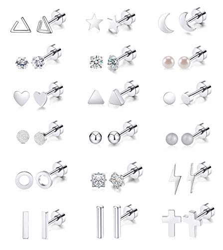 Staligue 18 Pairs Flat Back Earrings Set –Hypoallergenic 20G Surgical Steel | 18 Pairs Flat Back Earrings, 20G 0.8mm Surgical Steel Studs, Hypoallergenic Nickel Free, Cartilage Lobe Piercing Jewelry - color: Argent, size: 18 Sets