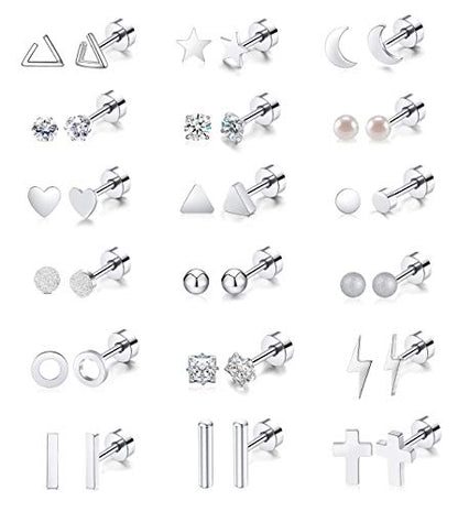 Staligue 18 Pairs Flat Back Earrings Set –Hypoallergenic 20G Surgical Steel | 18 Pairs Flat Back Earrings, 20G 0.8mm Surgical Steel Studs, Hypoallergenic Nickel Free, Cartilage Lobe Piercing Jewelry - color: Argent, size: 18 Sets