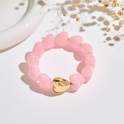 WOWORAMA Chunky Beaded Bracelets for Women Colorful Large Square Beads Bracelet Boho Acrylic Resin Stretch Bracelets Statement Chunky Bracelet Summer Jewelry - color: Heart-Pink