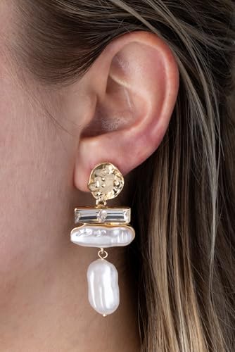 Non Pierced Gold Tone Clip On Gold Textured Baroque Simulated Pearl and Crystal Drop Dangling Earrings