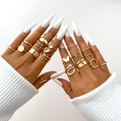 Gold Plated Knuckle Rings Set For Women,Vintage Stackable Joint Finger Midi Rings Dainty Simple Twist Hollow Rings Pack,Aesthetic Adjustable Y2K Punk Stacking Rings Jewelry Accessories - style: 20Pcs B-Gold