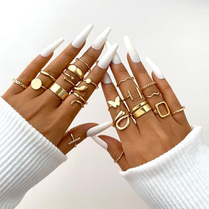 Gold Plated Knuckle Rings Set For Women,Vintage Stackable Joint Finger Midi Rings Dainty Simple Twist Hollow Rings Pack,Aesthetic Adjustable Y2K Punk Stacking Rings Jewelry Accessories - style: 20Pcs B-Gold