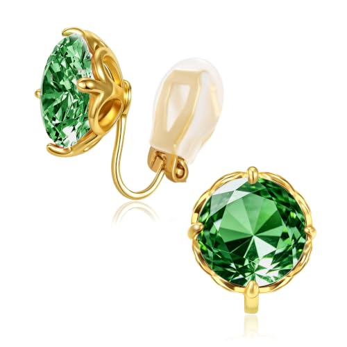 Round Austrian Crystal Clip On Earrings for Women Non Pierced Earrings, Hypoallergenic Clip-on Earrings Jewelry Gift for Sensitive Ears - color: Green