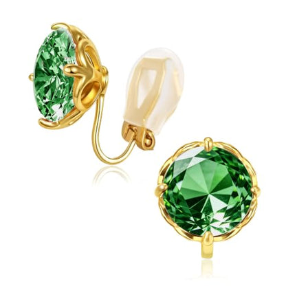 Round Austrian Crystal Clip On Earrings for Women Non Pierced Earrings, Hypoallergenic Clip-on Earrings Jewelry Gift for Sensitive Ears - color: Green