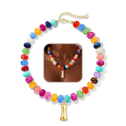 Colorful Chunky Beaded Necklaces for Women Bubble Letter Initial Choker | Boho Statement Bead Necklace, Personalized Rainbow Gemstone Necklaces, Baublebar Gold Necklace Stack, Summer Beach Jewelry - color: Initial I