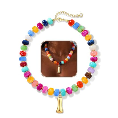 Colorful Chunky Beaded Necklaces for Women Bubble Letter Initial Choker | Boho Statement Bead Necklace, Personalized Rainbow Gemstone Necklaces, Baublebar Gold Necklace Stack, Summer Beach Jewelry - color: Initial I