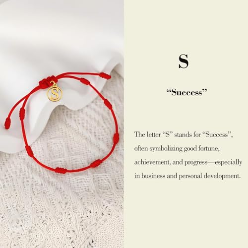 Red String Bracelet with Initial Letter and 7 Protective Knots – Adjustable Kabbalah Bracelet for Women & Men, Personalized Good Luck Charm for Positive Energy - color: s