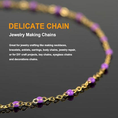 KYUNHOO 5 Meters Gold Stainless Steel Chains for Jewelry Making with Clasps | Purple Enamel Beaded Chain Roll Necklace Bracelet Making Supplies Small Gold Cable Chain Link - color: Gold-Purple-2mm