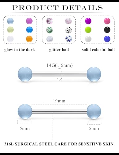 14G 16G Glow in Dark Nipple Tongue Rings Piercing Jewelry Stainless Surgical Steel Straight Barbells Tongue Nipple Rings Piercing Jewelry For Women Men 12MM 14MM 16MM 19MM 22MM Bar Length - size: 14G-19MM Bar