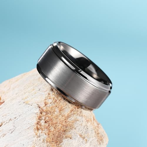 King Will Classic Tungsten Wedding Band for Men, 6/7/8/9/10mm Widths, Polished Finish Step Edge Matte Rings Comfort Fit - color: D-gunmetal 10mm