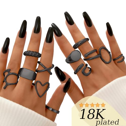 FAXHION 12PCS Gold Stackable Rings Set for Women, 18K Gold Plated Open Stacking Knuckle Ring, Adjustable Chunky Signet Band Statement Ring for Gift - color: 1-ringsBlack