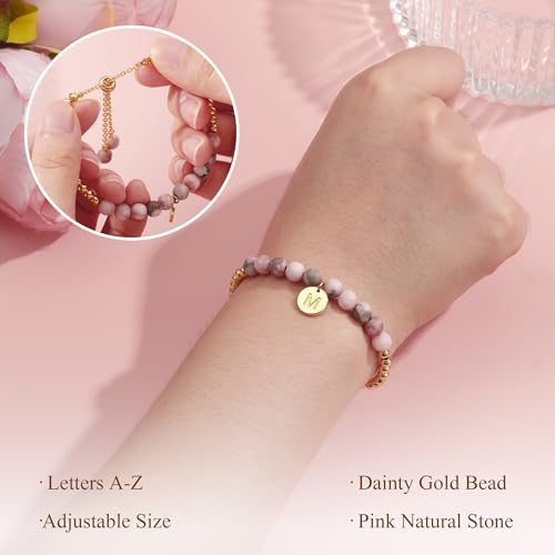 Ritach Initial Bracelets for Girls Kids - Pink Zebra Natural Stone Disc/Heart Initial Bracelet Adjustable Gold/Silver Beaded Bracelets for Girls Kids Teen Girl Jewelry Birthday Gifts - color: M-Gold