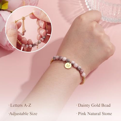 Ritach Initial Bracelets for Girls Kids - Pink Zebra Natural Stone Disc/Heart Initial Bracelet Adjustable Gold/Silver Beaded Bracelets for Girls Kids Teen Girl Jewelry Birthday Gifts - color: L-Gold