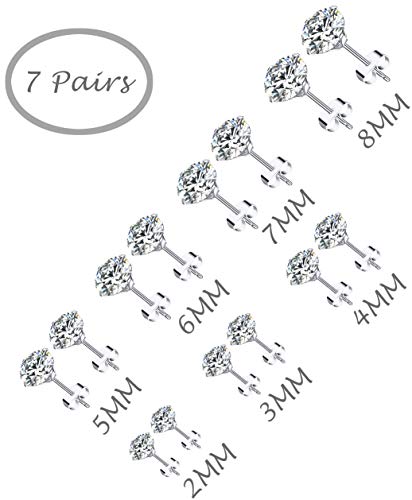 7 Pairs 18G 20G Stainless Steel Stud Earrings Round Cubic Zirconia Barbell Earring Set For Men Women 2MM-8MM Silver Tone - style: A:7 Pairs,Butterfly Backs,20G