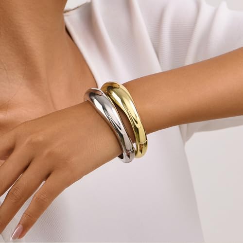 Gold Bangle Bracelets for Women Cuff Stackable Waterproof Non Tarnish Bracelet Stack Silver Plated 14k Chunky Bangles Jewelry Set for Woman - style: Style 4