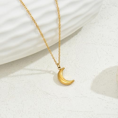 Gold Necklace for Women Dainty 18K Gold Plated | Sun Horn Crescent Moon Lucky Horse Shoe Pendant Necklace Waterproof Stainless Steel Trendy Jewelry, Gift Box Included - color: Moon-Gold