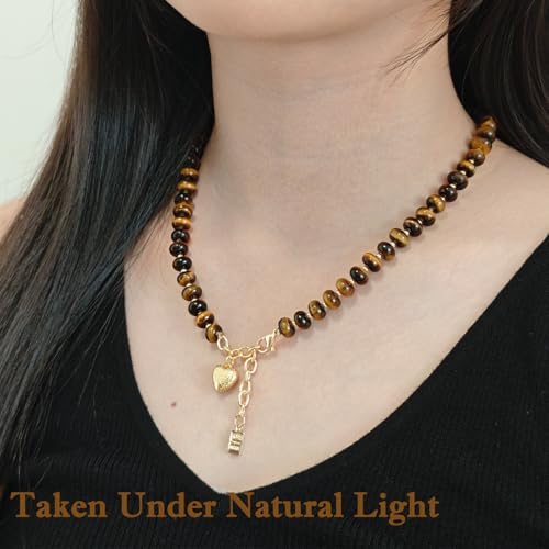 Boho Gemstone Beaded Necklace for Women – Colorful Natural Stone Choker 18K Solid Heart-Shaped Pendant, Summer Beach Jewelry - color: Yellow Tiger's Eye