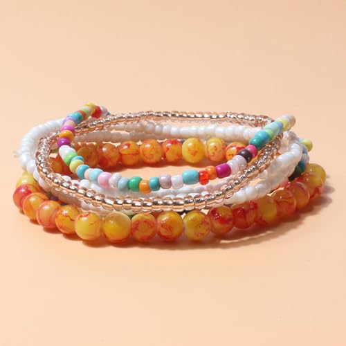 Bohemian Colorful Crystal Glass Beads Seed Beaded Bracelet Handmade Adjustable Stackable Elastic Strand Bangle for Women Summer Beach Hawaii Boho Wristbands Jewelry - color: orange