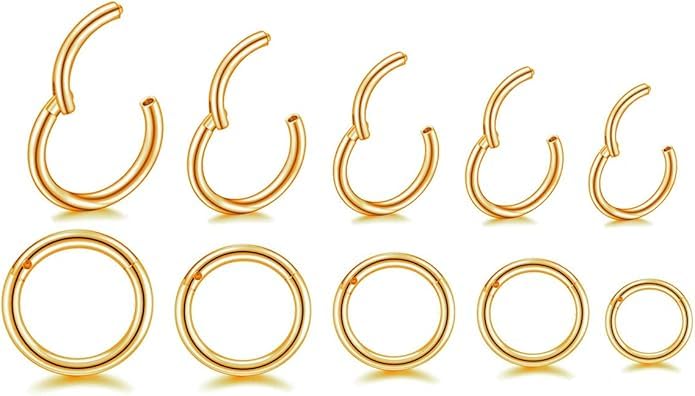 HQLA 16G Surgical Steel Hinged Clicker Segment Nose Rings Hoop Helix Cartilage Daith Tragus Sleeper Earrings Body Piercing for women 6mm 8mm 10mm 12mm 14mm - style: 16G - Gold - (6/7/8/9/10mm) - 10Pcs)