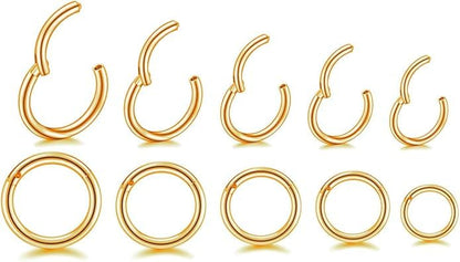 HQLA 16G Surgical Steel Hinged Clicker Segment Nose Rings Hoop Helix Cartilage Daith Tragus Sleeper Earrings Body Piercing for women 6mm 8mm 10mm 12mm 14mm - style: 16G - Gold - (6/7/8/9/10mm) - 10Pcs)
