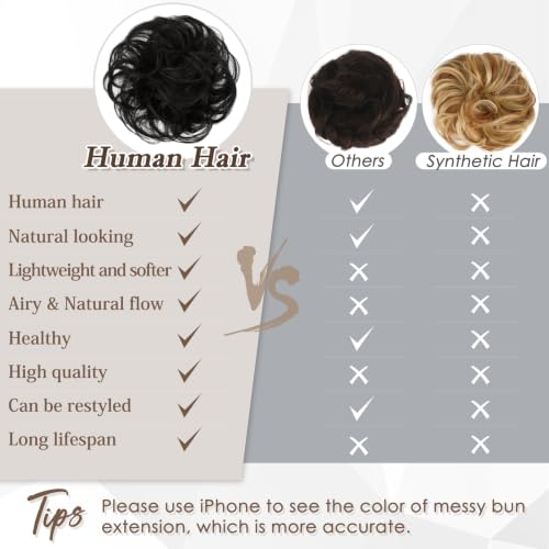RUWISS 100% Human Hair Bun Small Messy Bun Hair Piece for Women Layered Wavy Hair Buns Updo Hairpiece for Daily Wear Scrunchies Ponytail Extension (Natural Black) - color: Natural Black