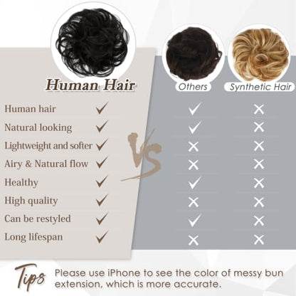 RUWISS 100% Human Hair Bun Small Messy Bun Hair Piece for Women Layered Wavy Hair Buns Updo Hairpiece for Daily Wear Scrunchies Ponytail Extension (Natural Black) - color: Natural Black