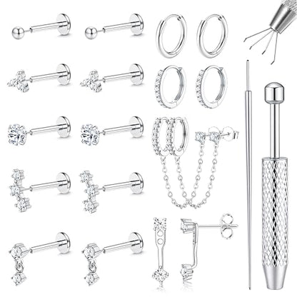 LOLIAS Hypoallergenic Gold Threadless Flat Back Stud Earrings for Women | 20G 18G 16G Surgical Steel Earrings Push in Nose Studs CZ Cartilage Earring Set Labret Helix Tragus Conch Piercing Jewelry - color: Silver, size: 16G(1.2MM)-CZ