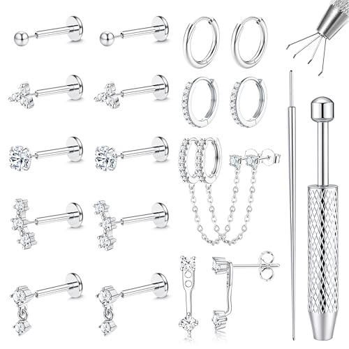 LOLIAS Hypoallergenic Gold Threadless Flat Back Stud Earrings for Women | 20G 18G 16G Surgical Steel Earrings Push in Nose Studs CZ Cartilage Earring Set Labret Helix Tragus Conch Piercing Jewelry - color: Silver, size: 20G(0.8MM)-CZ