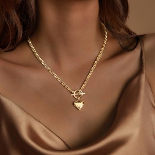 Airmb Heart Necklace for Women Gold/Silver Plated Trendy Heart Choker Lover Pendant Hypoallergenic Fashion Gold/Silver Necklace for Women Love Jewelry Gift for Women Girlfriend - color: Cuban-Chain-Gold