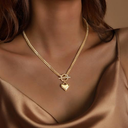 Airmb Heart Necklace for Women Gold/Silver Plated Trendy Heart Choker Lover Pendant Hypoallergenic Fashion Gold/Silver Necklace for Women Love Jewelry Gift for Women Girlfriend - color: Cuban-Chain-Gold