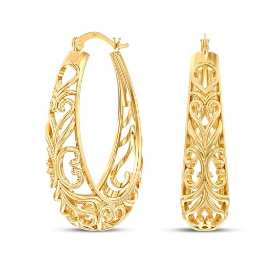 LeCalla 925 Sterling Silver Hoop Earrings | Women's Filigree Hoop Earrings | Openwork Mesh Filigree Cut Earring | Lightweight & Hypoallergenic Vintage Hoop Earrings for Women - style: Yellow-Gold / Oval Filigree