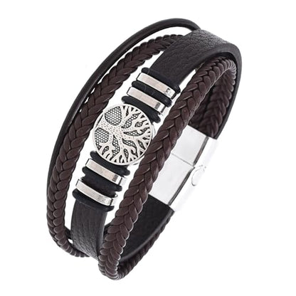 Tree of Life Leather Bracelet for Men, Multi-Layer Braided Religious Mens Cuff Bracelets with Alloy Clasp Anniversary Father's Day Birthday Christmas Jewelry Gifts for Him - color: Coffee