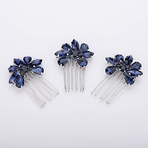 Teyglen Simple Rhinestones Crystal Bride Wedding Hair Comb Set Handmade Red Blue Black Crystal Side Hair Combs Bridal Hair Jewelry Set for Women Bride Girls (Dark Blue) - color: Dark Blue