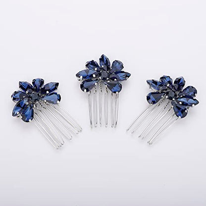 Teyglen Simple Rhinestones Crystal Bride Wedding Hair Comb Set Handmade Red Blue Black Crystal Side Hair Combs Bridal Hair Jewelry Set for Women Bride Girls (Dark Blue) - color: Dark Blue