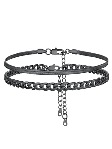 FOCALOOK Anklet Bracelets Set for Women, 14K Gold Plated Layered Anklet Set | Adjustable for Large Ankle, Cuban/Snake/Figaro/Paperclip Chain, Waterproof & Non Tarnish for Everyday Wear, Beach & Summer - color: A:2Pcs-Anklet Set-Black