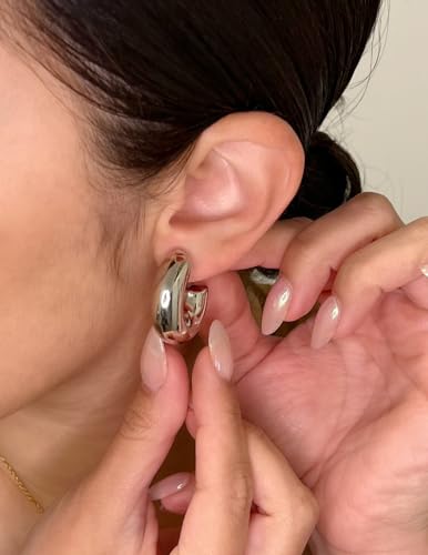 CONRAN KREMIX Waterproof Chunky Gold Hoops Earrings for Women Non Tarnish, Thick Gold Plated Circle Open Hoop,Lightweight Hollow Earrings Trendy - color: 25MM-Silver