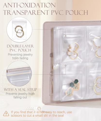 Homde Travel Jewelry Organizer for Women: 6 Pages with 18 Clear Pouches | 18 PVC Compartments for Rings Earrings Necklaces - Compact Book Case for Travel - Anti Tarnish Pockets with Snap Closure