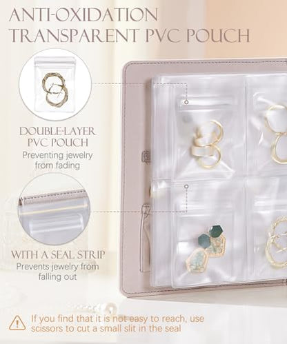 Homde Travel Jewelry Organizer for Women: 6 Pages with 18 Clear Pouches | 18 PVC Compartments for Rings Earrings Necklaces - Compact Book Case for Travel - Anti Tarnish Pockets with Snap Closure
