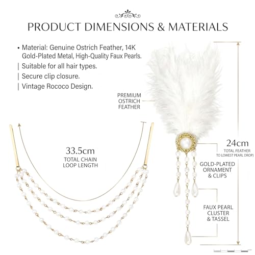 2Pcs Victorian Hair Accessories for Women, 18th Century Renaissance Queen Ostrich Feather and Pearl Tassel Barrette Clips, Marie Antoinette Blonde Beehive Costume Jewelry