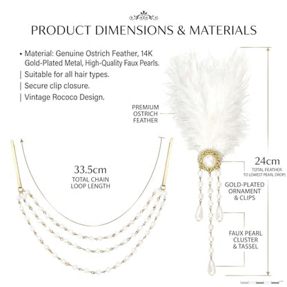 2Pcs Victorian Hair Accessories for Women, 18th Century Renaissance Queen Ostrich Feather and Pearl Tassel Barrette Clips, Marie Antoinette Blonde Beehive Costume Jewelry