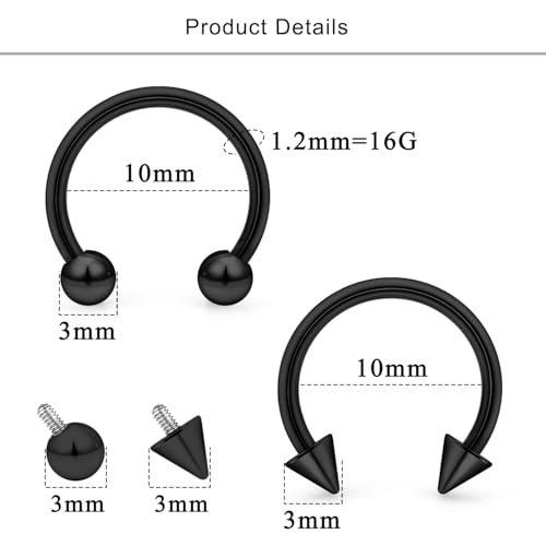 Lcolyoli 16g Septum Rings Internally Threaded Surgical Steel Septum Jewelry Lip Rings Hoop Labret Jewelry Snake Bite Piercing Jewelry Horseshoe Earrings Daith Piercing Jewelry for Women Men - color: 16g,Inner diameter:10mm,black